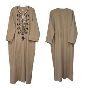 Khatab Egyptian Cotton Kaftan Dress XXL Tan with Brown Trim And Embroidery Boho